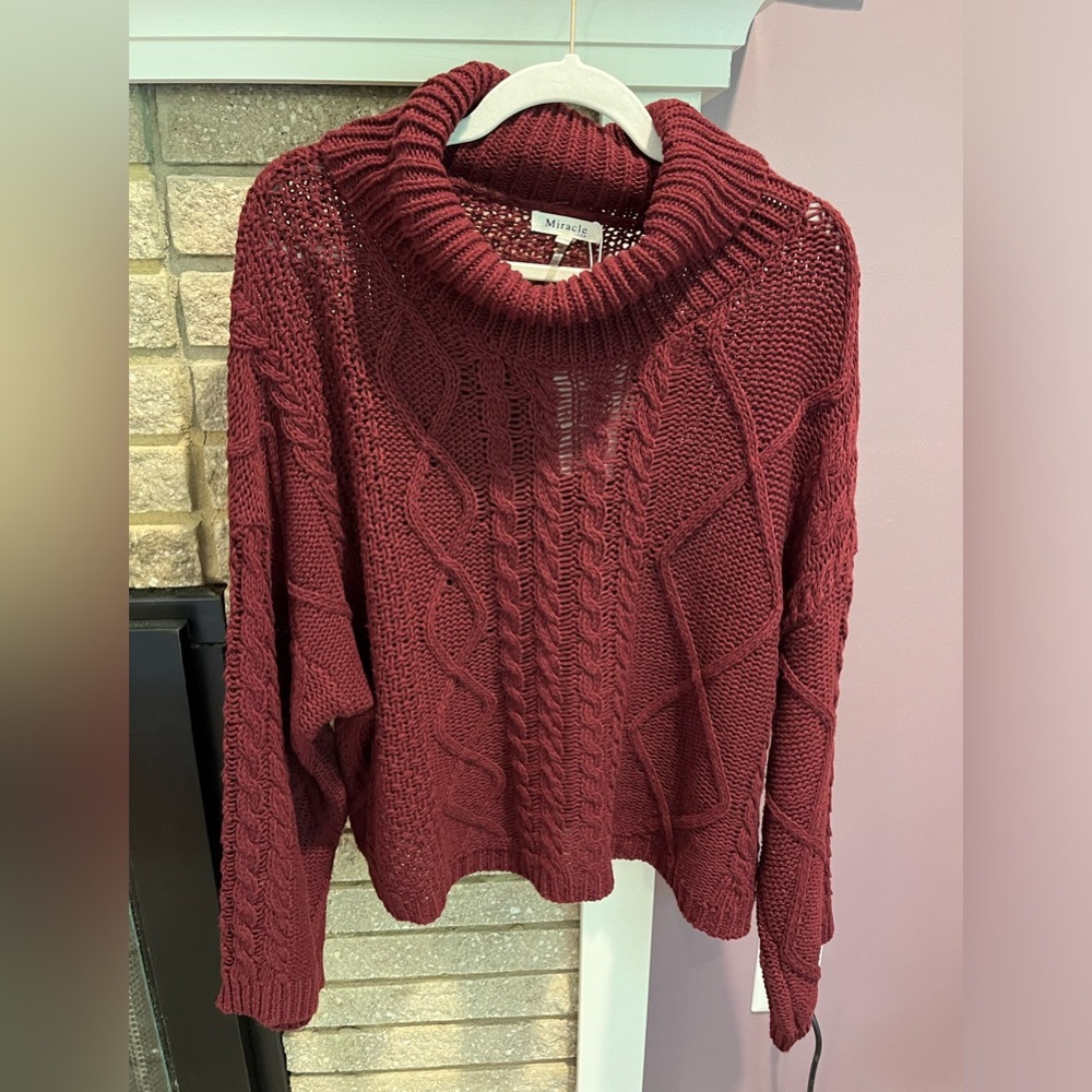 NWT Burgundy Cable Knit Fisherman's Sweater Turtleneck Boxy Oversized Wo…